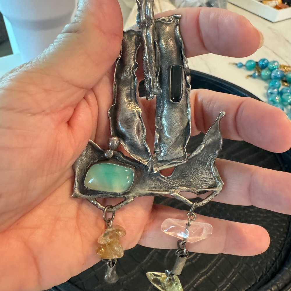 Artisan Silver Pendant with Green and Yellow Accents - Picture 2 of 4